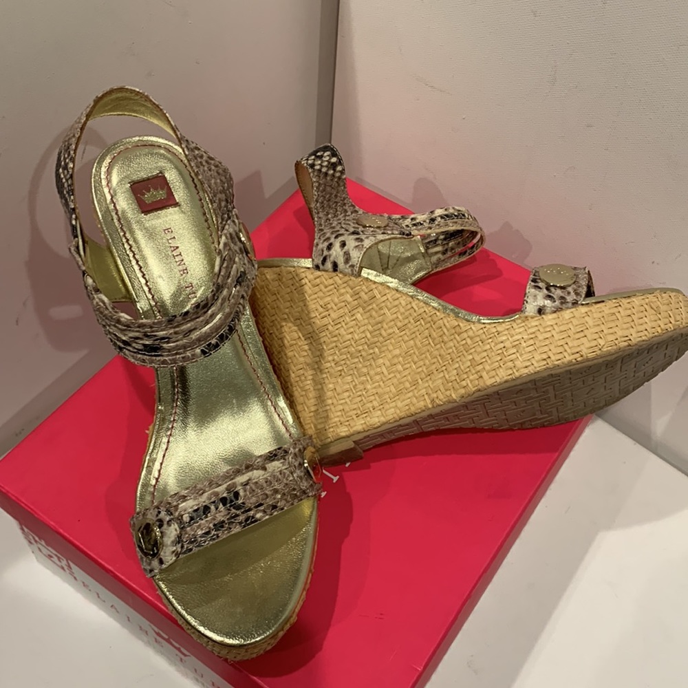 NWB 👑 Elaine Turner Kelcie Leather Raffia Wedge Platform Sandal Tan Gold Black